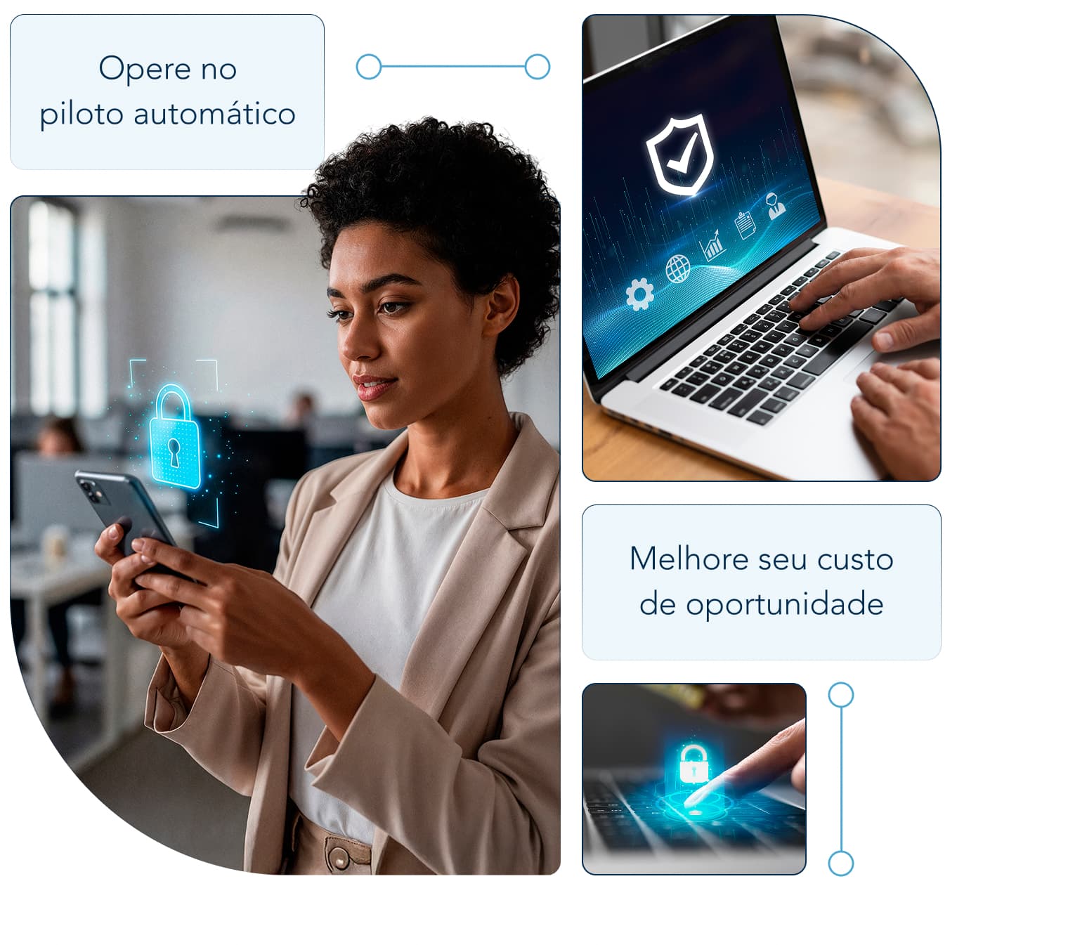 Profissional operando com segurança pelo celular: liquidação automática e melhor custo de oportunidade.