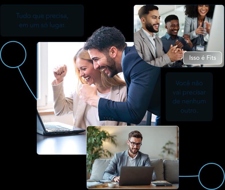 Equipes de bancos e fintechs comemorando resultados: tudo que precisa, em um só lugar. Isso é Fits: você não vai precisar de nenhum outro.